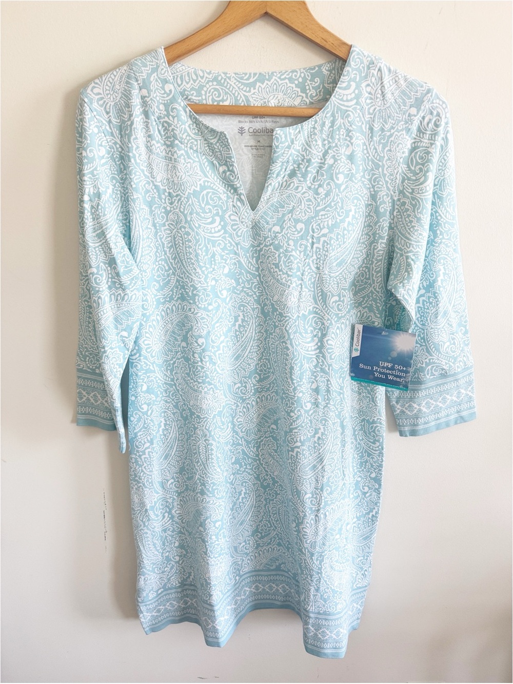 Coolibar UPF 50+ sun protection 3/4 sleeve blue print Oceanside tunic dress sz M